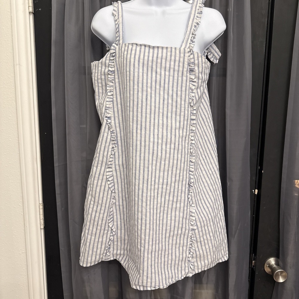 LJC Designs Blue White Striped Linen Ruffle Tie-Strap Mini Dress - XL